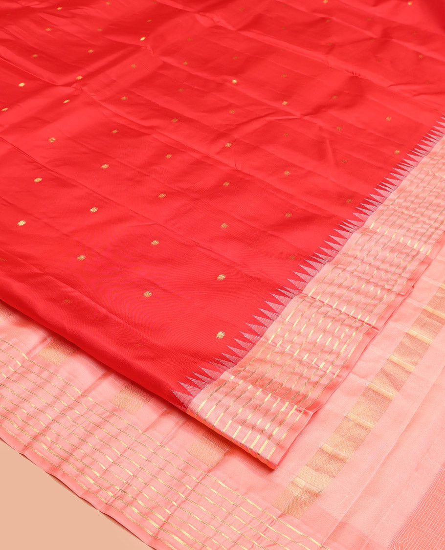 Red Vasundhara Silk Saree, Gracefully Woven with Kamalam Buttas on Its Body, Complemented by a Captivating Contrast Thazampoo Rekku Border of Banaras Designs, Zari-Decked Up Pallu, and Paired with a Contrast Blouse