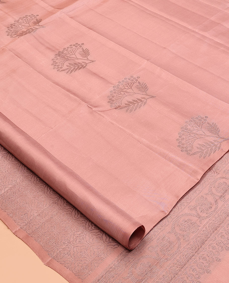 Borderless Zari Butta Peach Mayuri Lite Silk Mix Saree