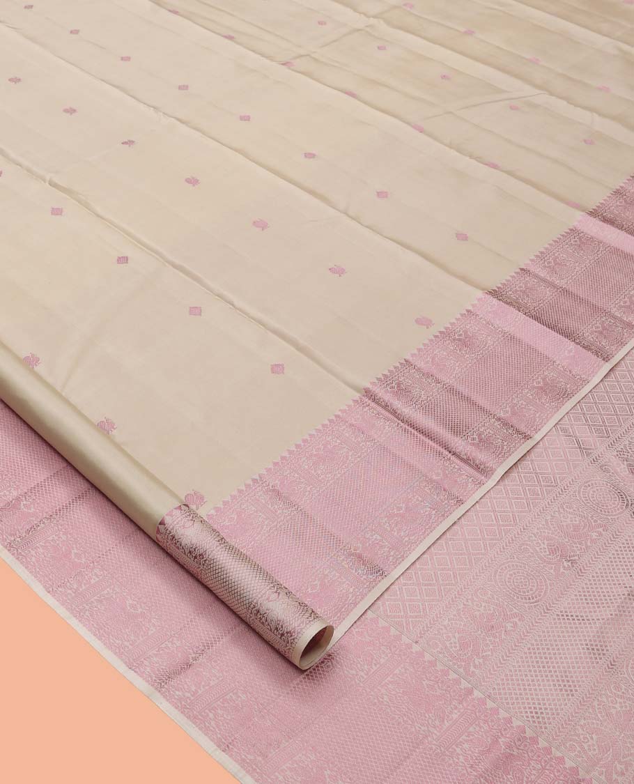 Beige Kanchipuram Silk Saree, Beautifully Bedecked with Thread Buttas, a Self-Border of Thilakam Mokku, Iruthalai Pakshi, and Kuyil Kann, Jaal Pallu, and a Matching Blouse