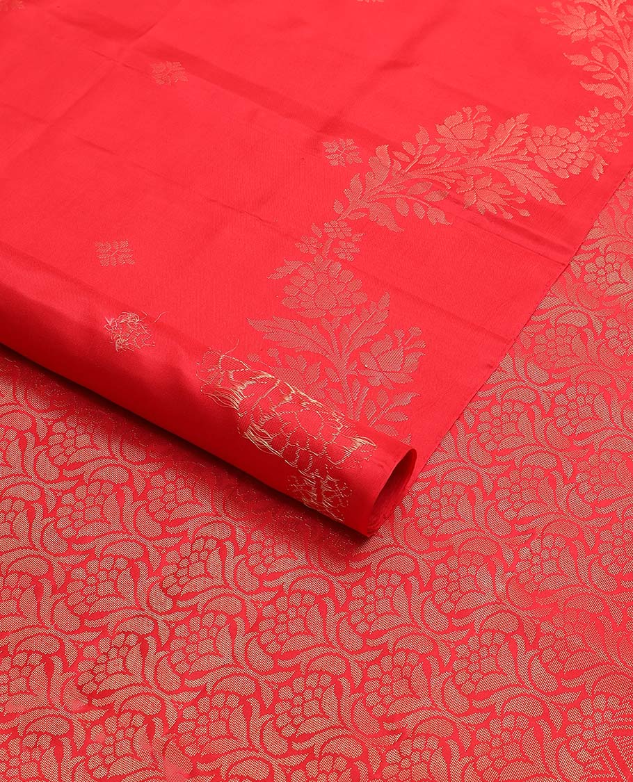 Red floral motifs mayuri soft silk saree with self zari design border & floral jaal design pallu