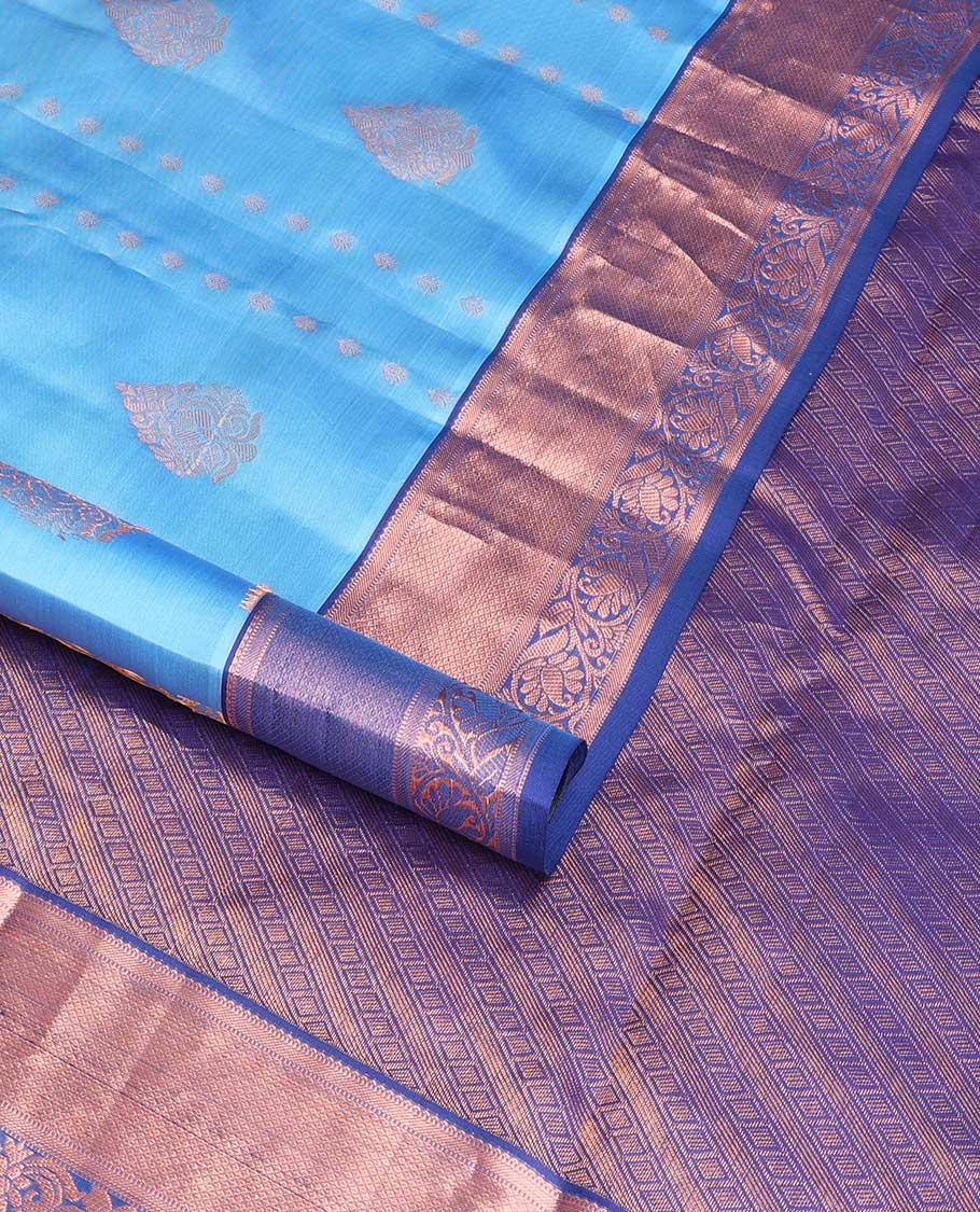 Blue floral buttas vasundhara elite silk saree with contrast intricate zari design border & striped floral design pallu