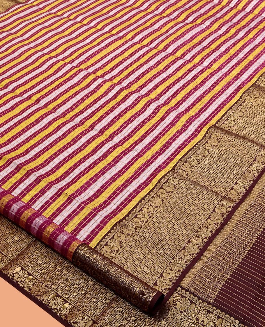 Multi-Color Checked Vasundhara Lite Silk Mix Saree, Contrast Border of Salngai, Mayil, and Zari Designs, Grand Pallu, and a Contrast Blouse