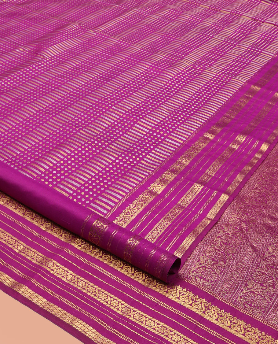 Purple Kanchipuram Designer Silk Saree, Steeped in Richness of Zari Buttas, Zari Border of Muthu, Banaras, and Cross Kamalam Design, Grand Pallu, and a Matching Blouse