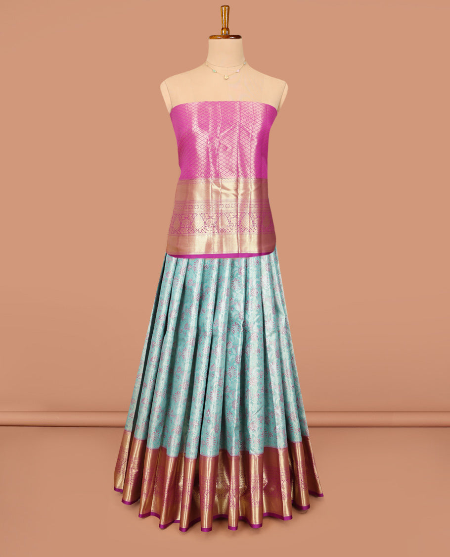 Blue Art Silk Material Half Saree Set, Richly Detailed with Floral-Theme Jacquard Design Skirt, a Contrast Traditional Zari Design Border, Contrast Zari-Jacquard Blouse, and a Dhavani of Floral Designs