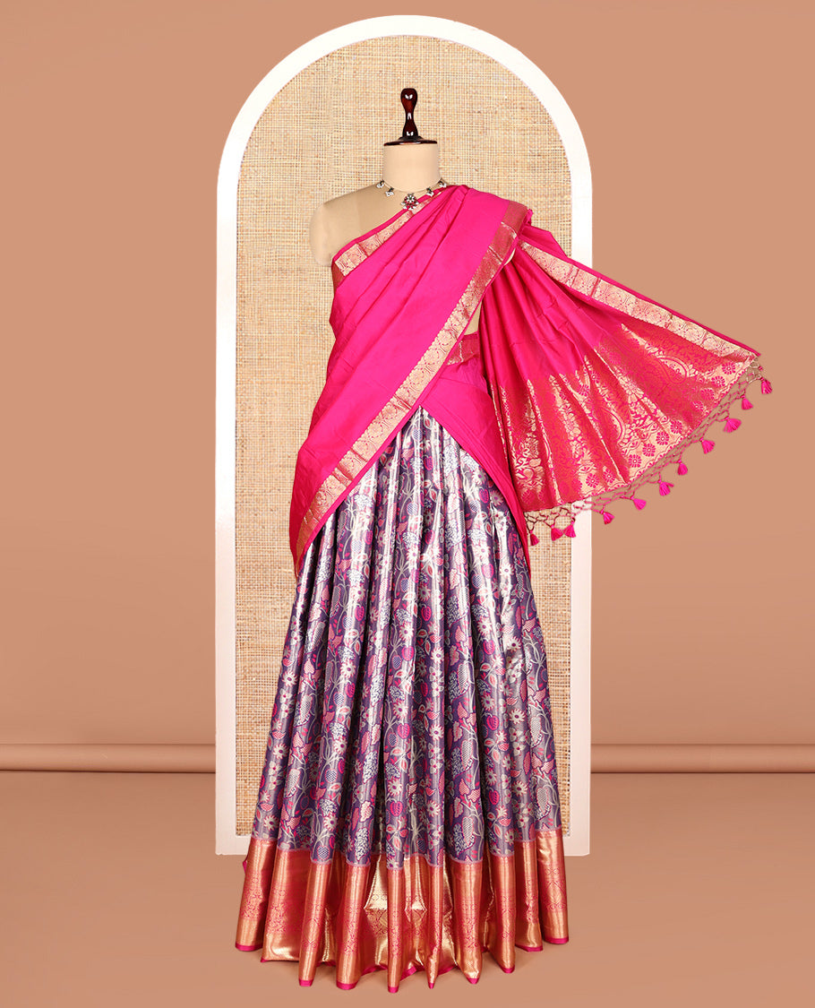 Violet Art Silk Half-Saree, Delicately Woven with Floral Jacquard Design, Contrast Traditional Zari Border, Paired with a Contrast Jacquard Blouse, and an Intricate Dhavani