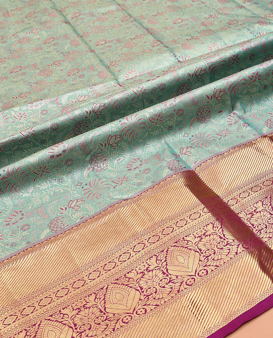 Blue Art Silk Material Half Saree Set, Richly Detailed with Floral-Theme Jacquard Design Skirt, a Contrast Traditional Zari Design Border, Contrast Zari-Jacquard Blouse, and a Dhavani of Floral Designs