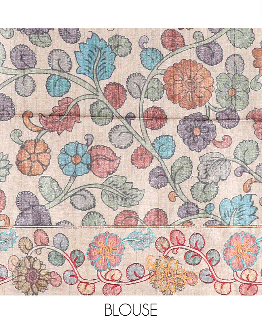 Green floral motifs printed tussar silk saree, contrast border and pallu of floral creeper print and embroidery