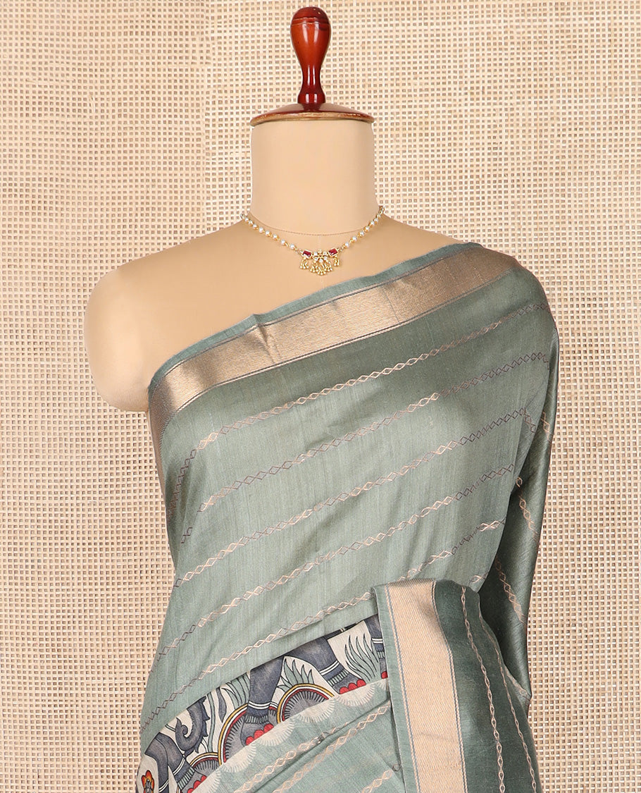 Green zig-zag striped woven with elephant motifs printed tussar silk saree, zari border, and self-pallu