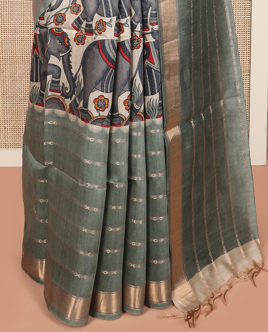 Green zig-zag striped woven with elephant motifs printed tussar silk saree, zari border, and self-pallu