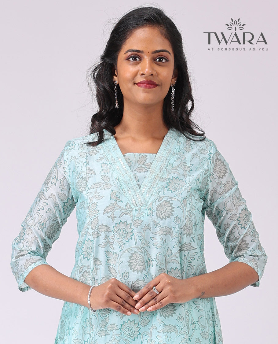 Twara Light Blue floral printed v neck, knee length , elbow sleeve kurti