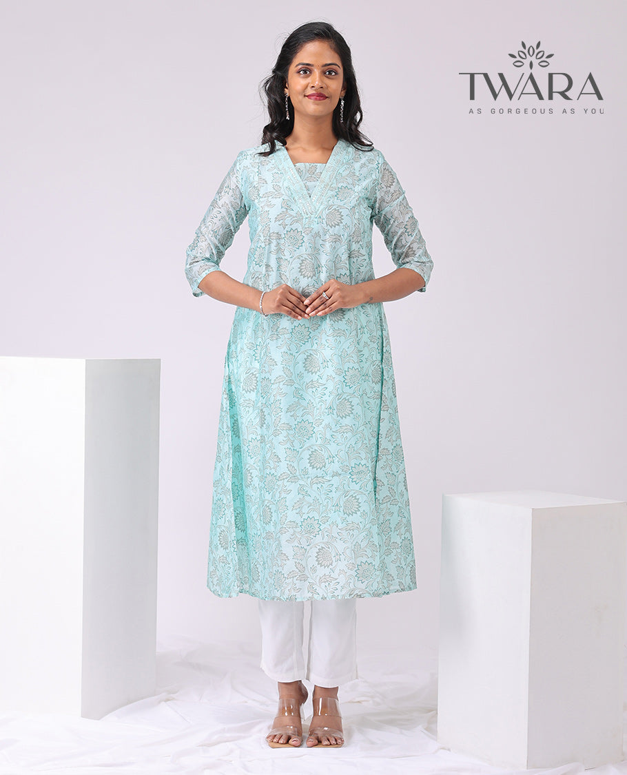 Twara Light Blue floral printed v neck, knee length , elbow sleeve kurti