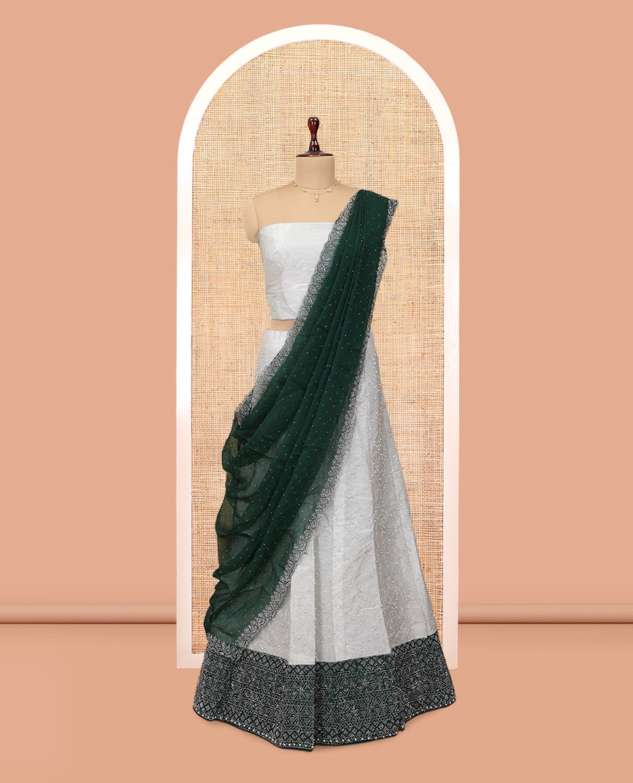 Grey Banarasi Half-Saree, Finely Crafted with Bead Work Skirt, a Contrast Stone Work Border, Matching Blouse, and Contrast Scallop Stone Work Dupatta