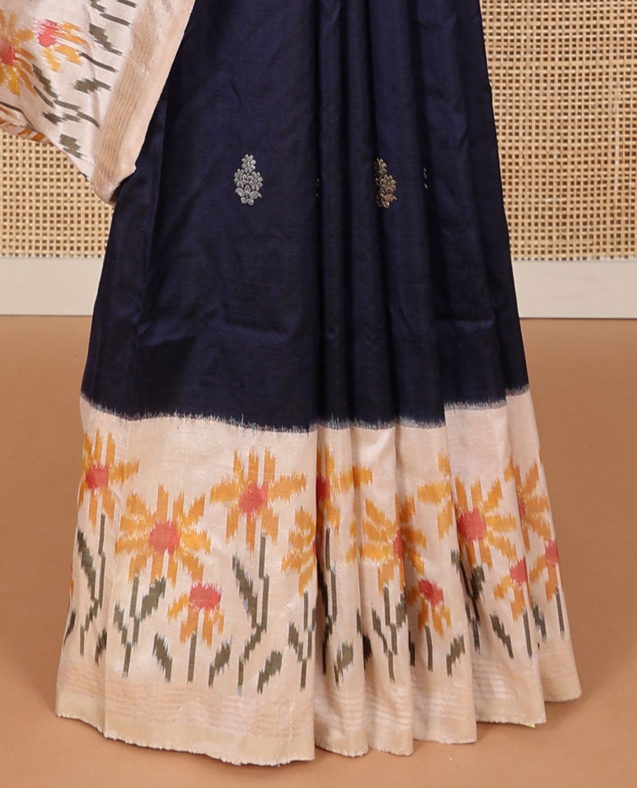 Blue zari buttas pure ikkat saree, contrast border & pallu of floral designs in ikkat-style
