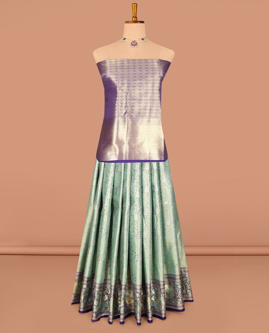 Green Art Silk Half-Saree, Richly Detailed with Jacquard Design, Contrast Intricate Motif Border, Paired with a Contrast Jacquard Blouse, and an Intricate Dhavani