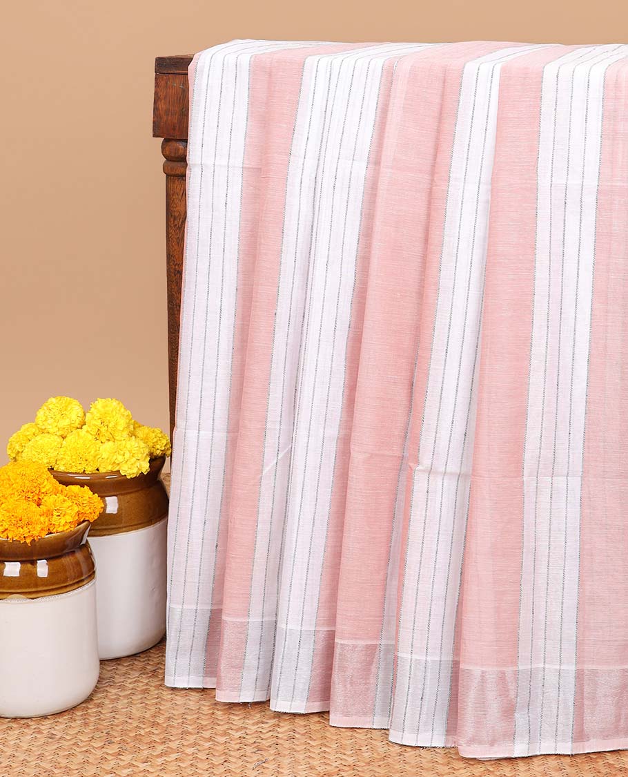 Borderless peach vertical striped jute cotton saree with striped pallu