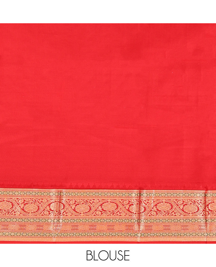 Cream Vasundhara Silk Saree, Subtly Sparkled with Buttas And Checks On Its Body, Complemented by Captivating Contrast Border of Thazampoo Rekku, Muthu, Banaras, and Kodi Visiry Designs, Pallu Steeped with Manga Designs, And Paired with a Contrast Blouse