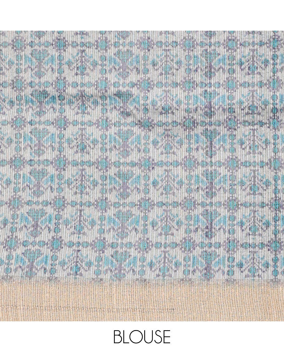 Blue Fancy Tussar Saree, Mesmerized with Checked Designs Printed on Its Body, Complemented by Contrast Textured Border, Patola Printed Pallu, and Paired with a Matching Printed Blouse