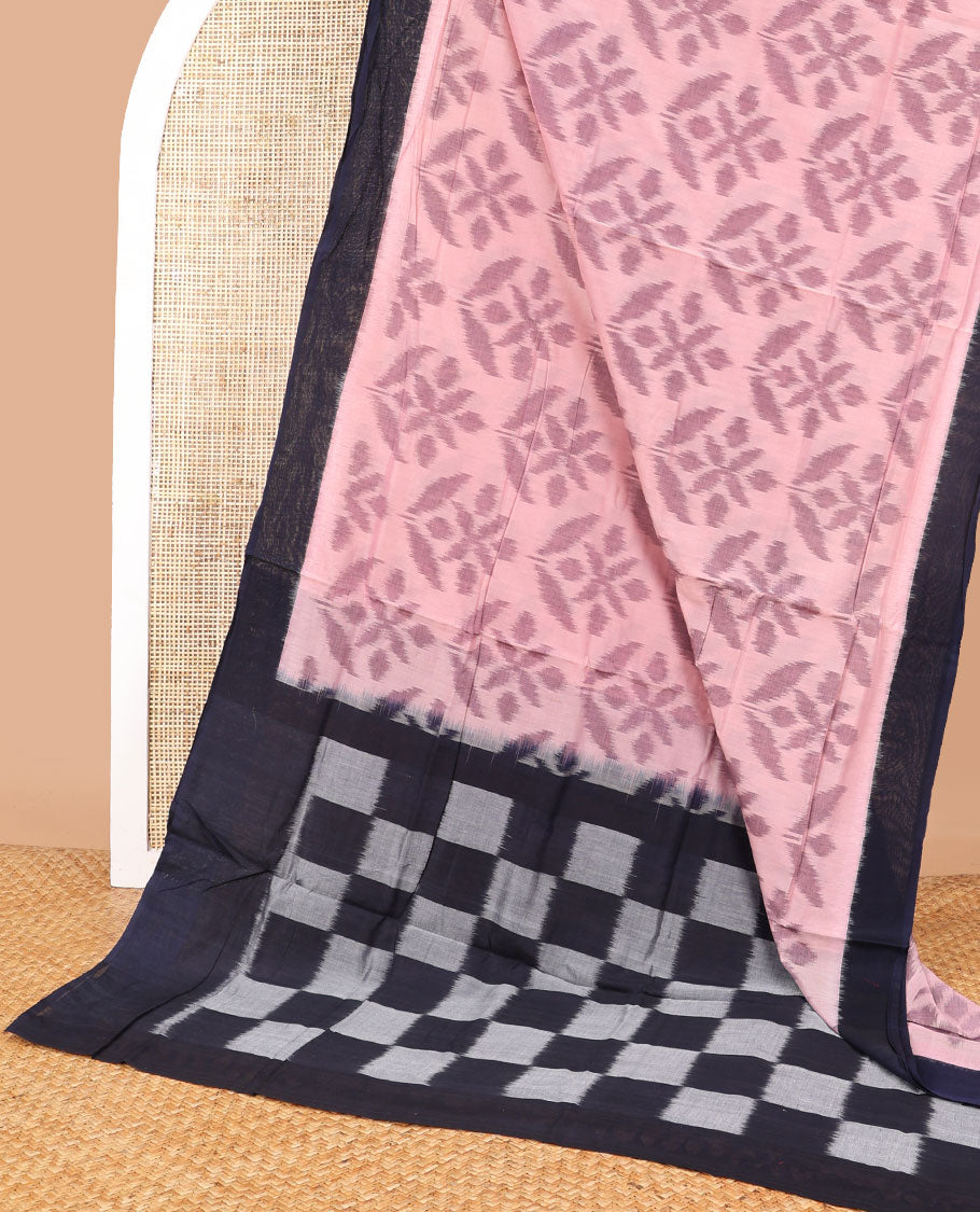 Baby pink floral design ikkat cotton saree with contrast border & checkered design pallu