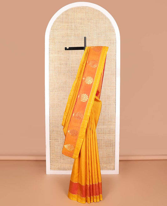 Orange checked, buttas kancheepuram silk saree with contrast floral zari design border & floral design pallu