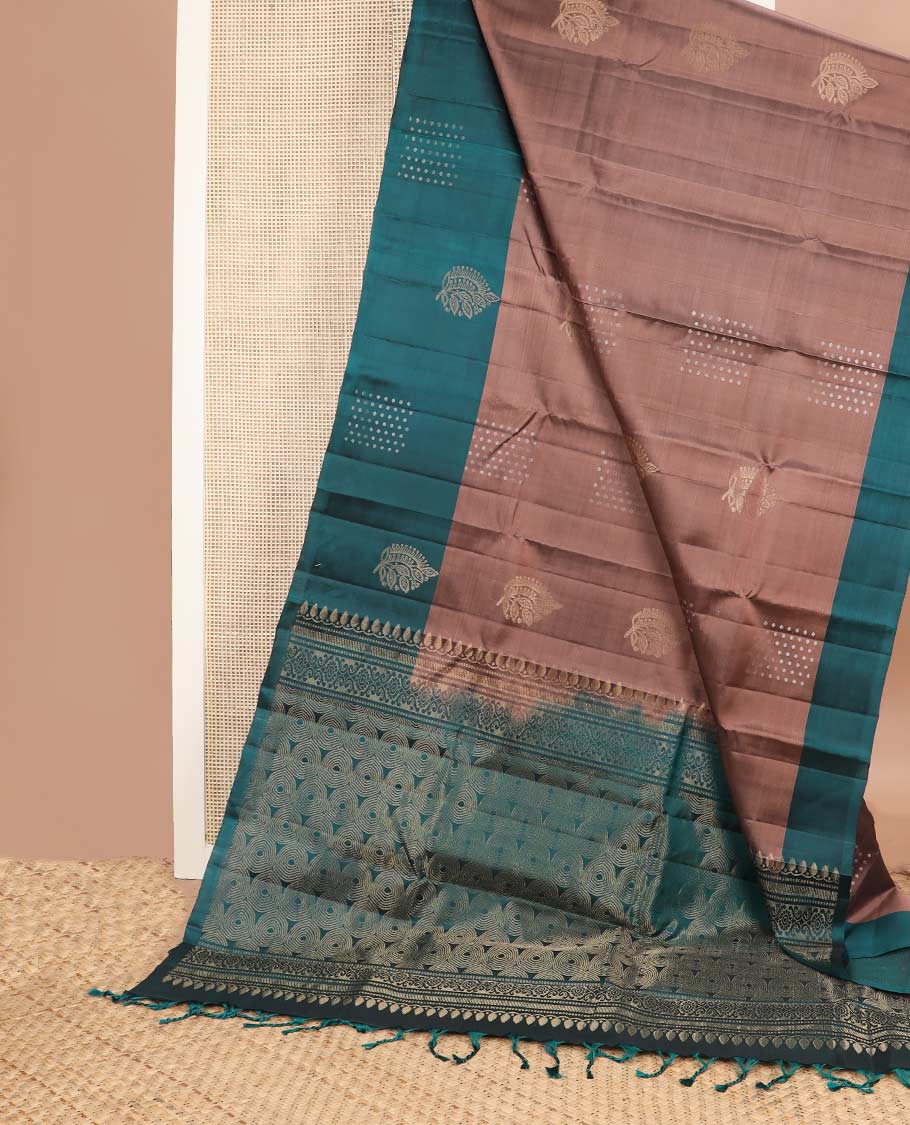 Brown zari buttas silk mix saree, contrast zari design border & pallu of geometric designs