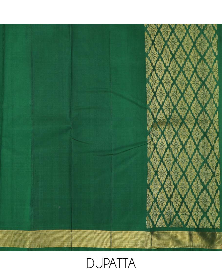 Yellow pure silk half saree, mayil chakram enclosed neli checked skirt, contrast rettai pettu border and blouse of thilakam mokku, muthu, mayil and yaali design and intricate pallu