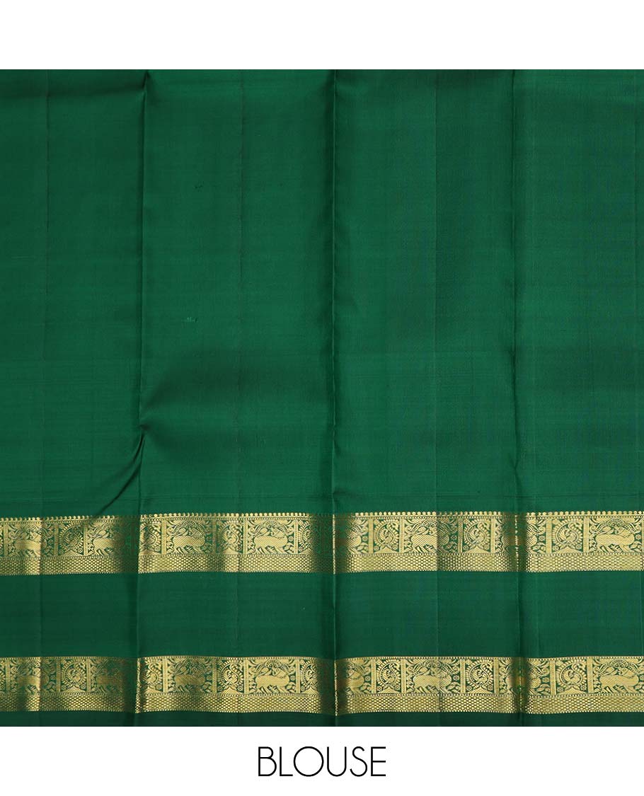 Yellow pure silk half saree, mayil chakram enclosed neli checked skirt, contrast rettai pettu border and blouse of thilakam mokku, muthu, mayil and yaali design and intricate pallu