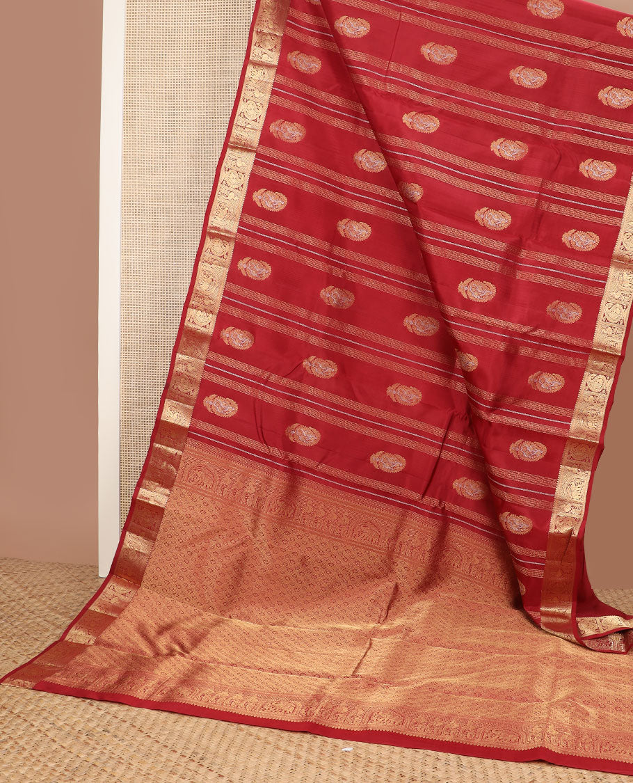 Red manga zari buttas vasundhara silk mix saree, intricate pallu & border of salngai, neli & mayil enclosed manga