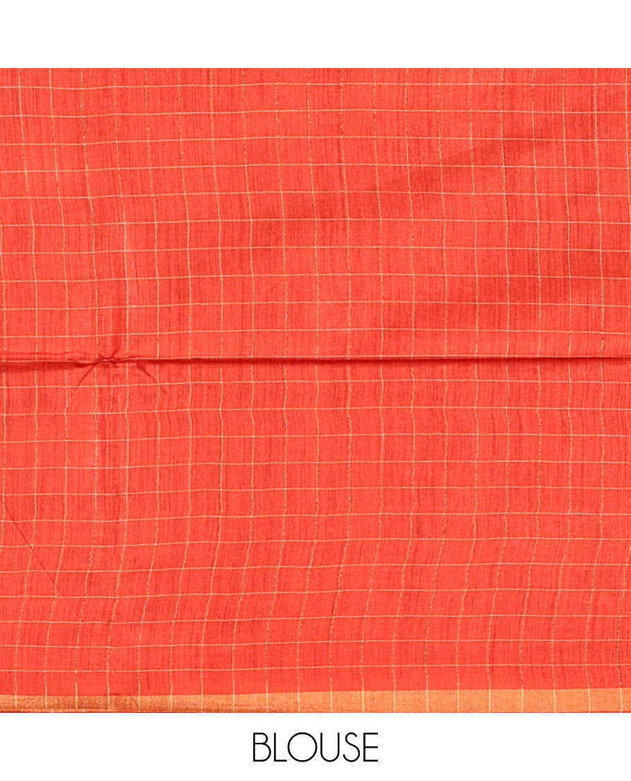 Orange Tussar Silk Saree, Sparsely Threaded with Checks, a Subtle Border, a Striped Pallu, and a Matching Blouse