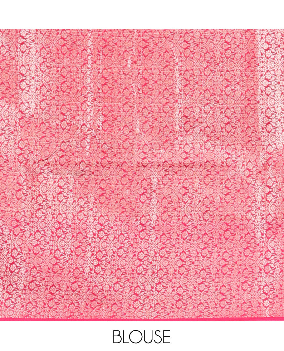 Pink Assam Silk Saree, Accentuated with Zari Checks, Highlighted by a Floral Motifs Woven Border, Intricate Pallu, and a Matching Blouse