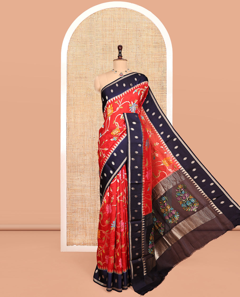 Red Matka Silk Saree, Artfully Detailed with Meenakari Floral Vine Design All Over Its Body, Complemented by Contrast Temple Border of Buttas, Pallu of Floral Designs, and Paired with Contrast Blouse