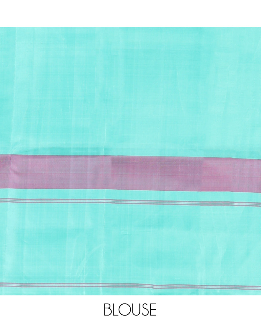Multi-Color Palum Pazhamum Checked Kanchipuram Silk Saree,complemented by a Contrast Rettai Pettu Thazampoo Rekku Border, Pallu of Stripes, and Paired with a Contrast Blouse