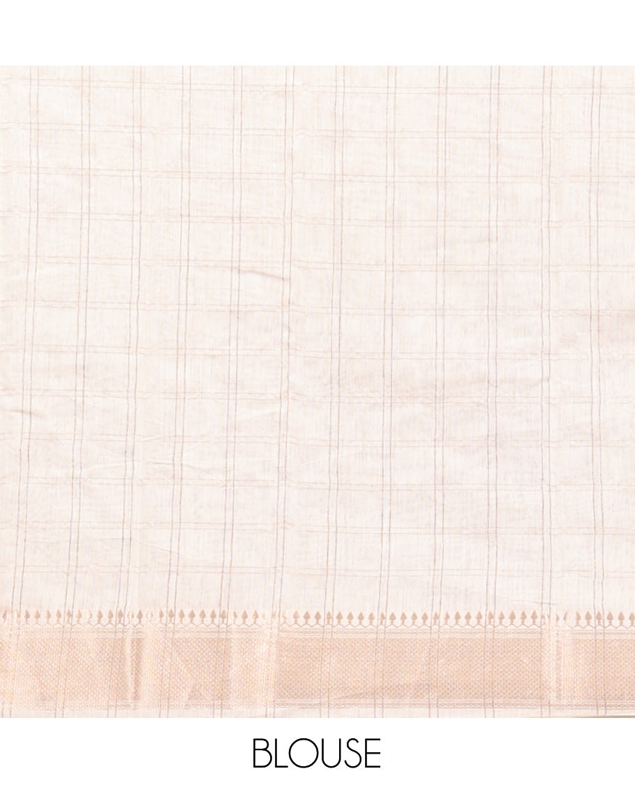 White Assam Silk Saree, Finely Crafted with Zari Checks, Highlighted by a Traditional Zari Border, Zari-Striped Pallu, and a Matching Blouse