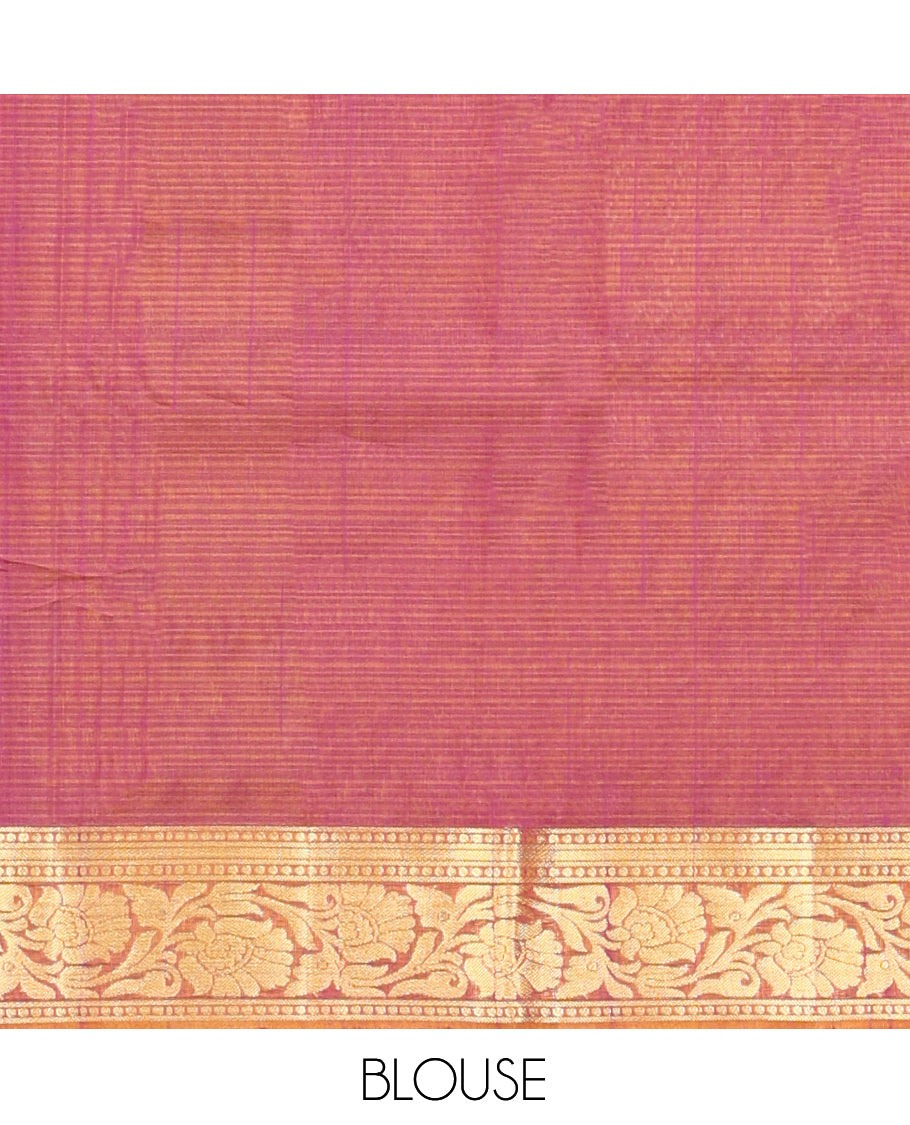Pink Silk Cotton Saree, Delicately Woven with Zari Buttas, a Contrast Floral Creeper Border, Floral Pallu, and a Contrast Blouse