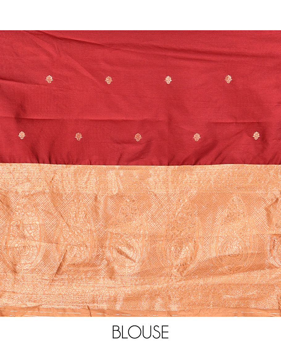 Light Maroon Art Silk Half Saree Features Buttas Skirt, Complemented by Contrast Traditional Border, Matching Blouse, and a Plain Zari-Bordered Dhavani
