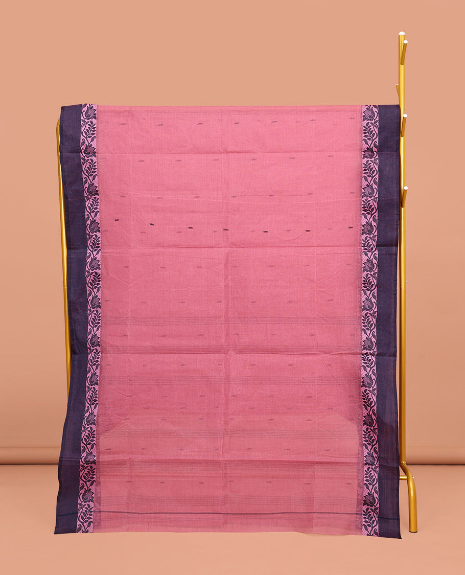 Pink Bengal Cotton Saree, Sparsely Woven with Buttas on Its Body, Complemented by a Contrast Floral Creeper Design Border, Pallu of Stripes and Buttas, and Paired with a Matching Blouse