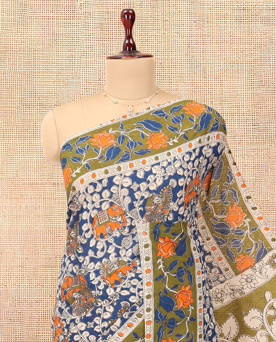Blue Kalamkari Cotton Saree, Decked Up with Floral Vine Print, Contrast Printed Border, Pallu of Kalamkari Floral-Peacock Motifs, and a Contrast Blouse