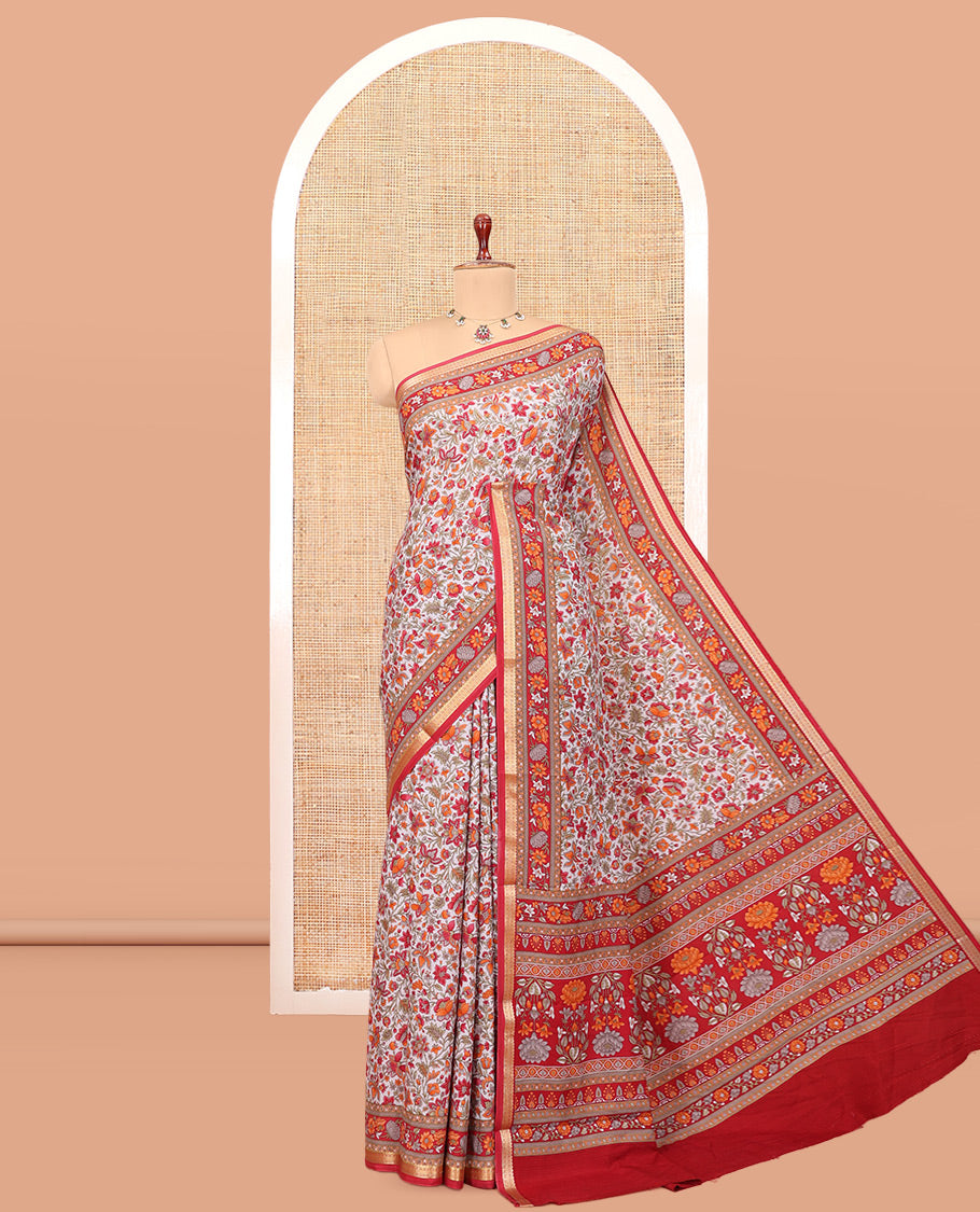 Off-White Base Printed Silk Saree, Bedecked with Floral Vine Print, a Contrast Zari Border, Floral Printed Pallu, and a Contrast Blouse