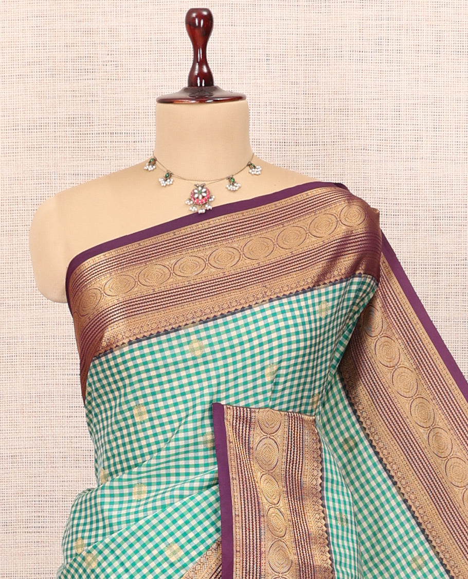 Green-Cream Micro Checks Budget Silk Saree