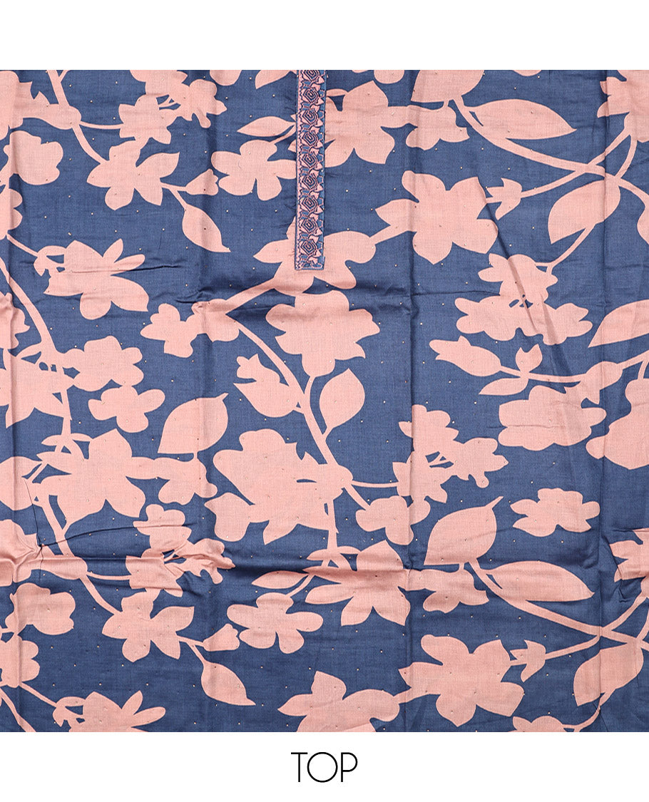 Blue and Peach Material Chudidar Set, Spotlighted with Silhouette-Style Floral Print, and Stone Work on Its Rayon Top, a Plain Rayon Bottom, and Paired with a Floral Printed Rayon Dupatta