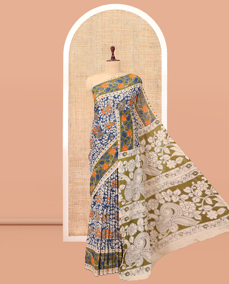 Blue Kalamkari Cotton Saree, Decked Up with Floral Vine Print, Contrast Printed Border, Pallu of Kalamkari Floral-Peacock Motifs, and a Contrast Blouse