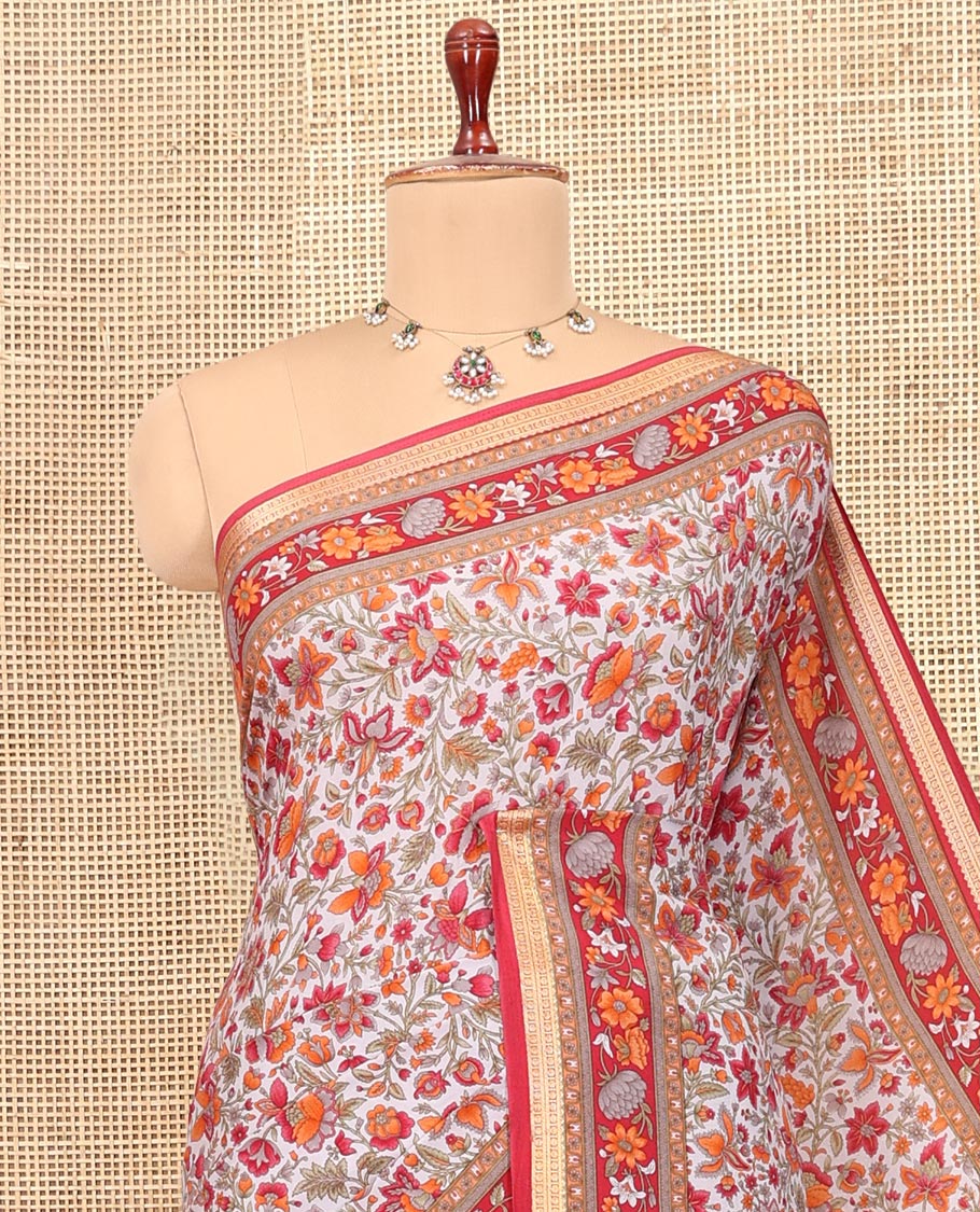 Off-White Base Printed Silk Saree, Bedecked with Floral Vine Print, a Contrast Zari Border, Floral Printed Pallu, and a Contrast Blouse
