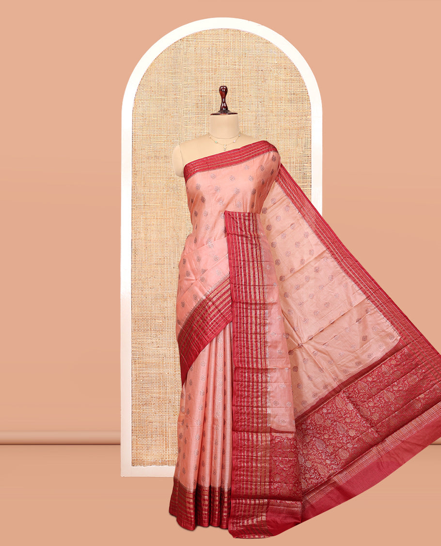 Peach Tussar Silk Saree Features Zari Buttas, Complemented by a Contrast Border, Intricately Designed Pallu, and a Contrast Blouse
