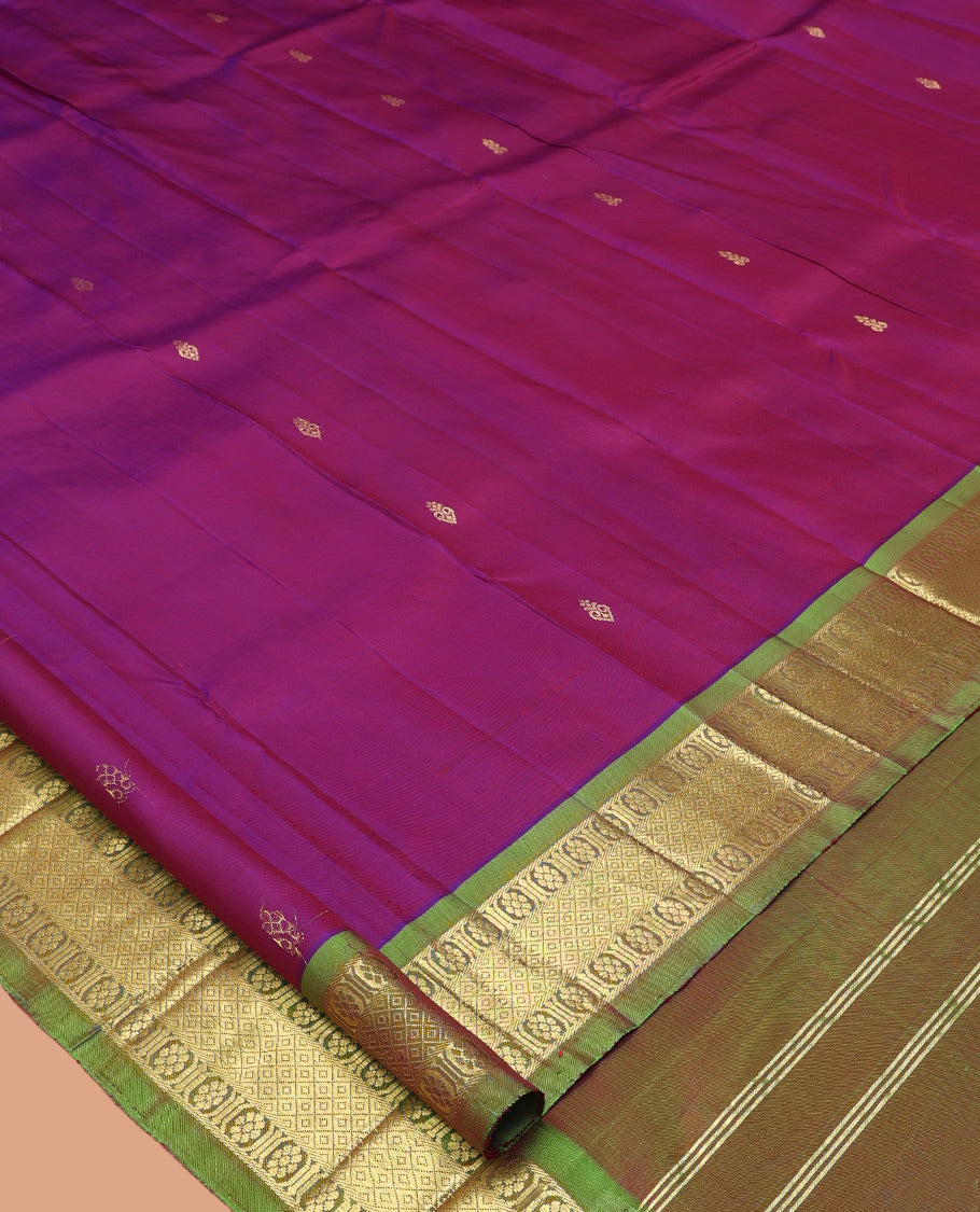Purple Kanchipuram Silk Saree, Delicately Woven with Zari Buttas, Complemented by a Contrast Border of Kamalam and Mayil Kann Design, Pallu of Zari Design, and No Blouse