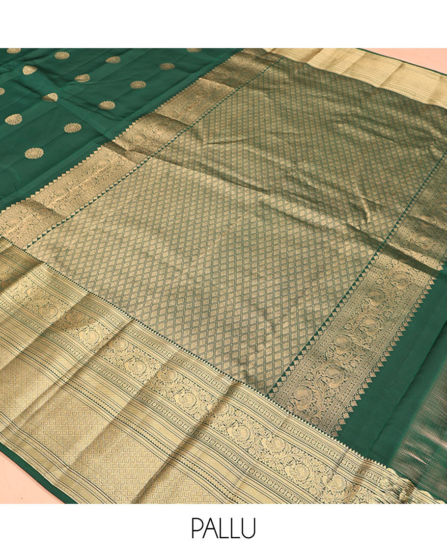 Green Vasundhara Lite Silk Mix Saree, Spotlighted with Zari Buttas On Its Body, Highlighted by Zari Border of Rekku, Kamalam, Mayil, and Jaal Designs, Intricate Pallu and Paired with a Matching Blouse