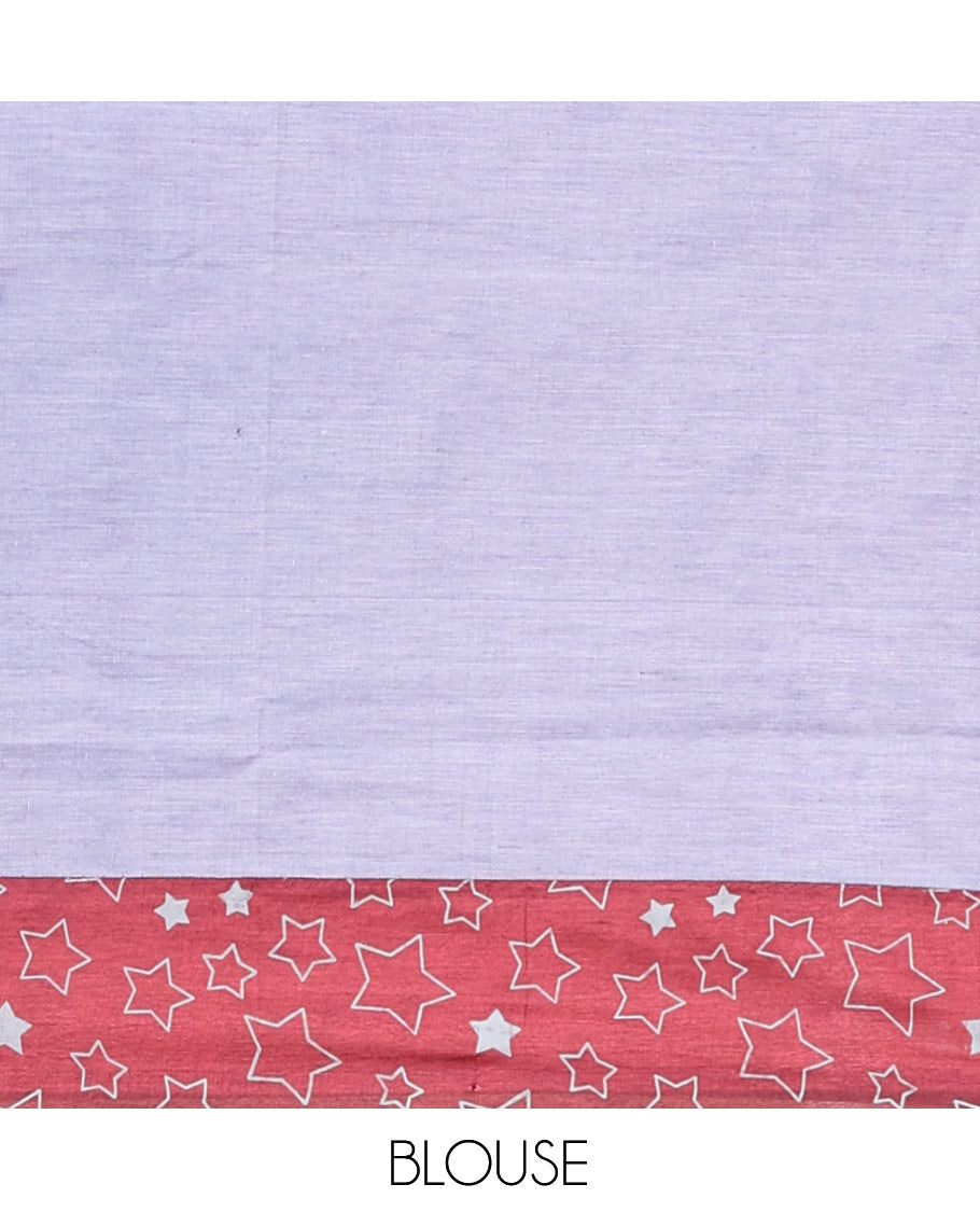 Red Poly Cotton Saree, Steeped with Star Motifs, Complemented by a Contrast Star Motifs Border, Printed Pallu, and a Contrast Blouse