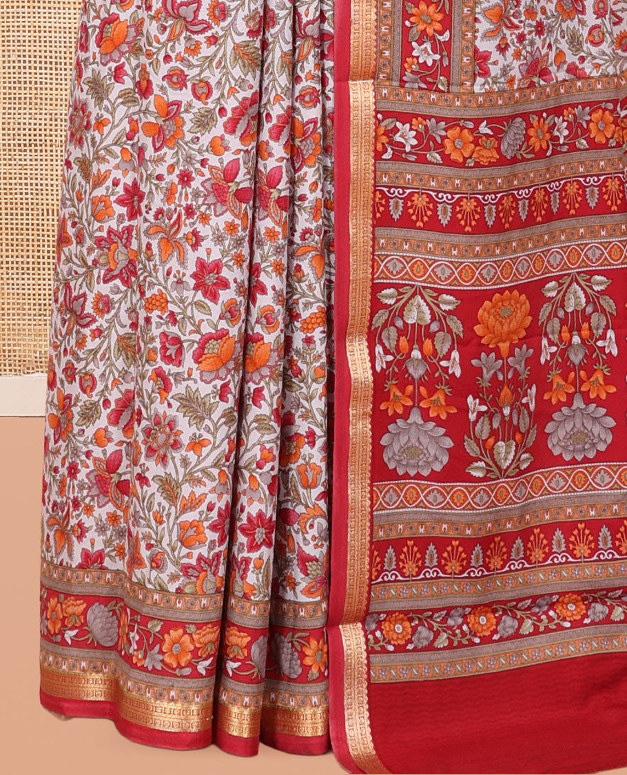 Off-White Base Printed Silk Saree, Bedecked with Floral Vine Print, a Contrast Zari Border, Floral Printed Pallu, and a Contrast Blouse