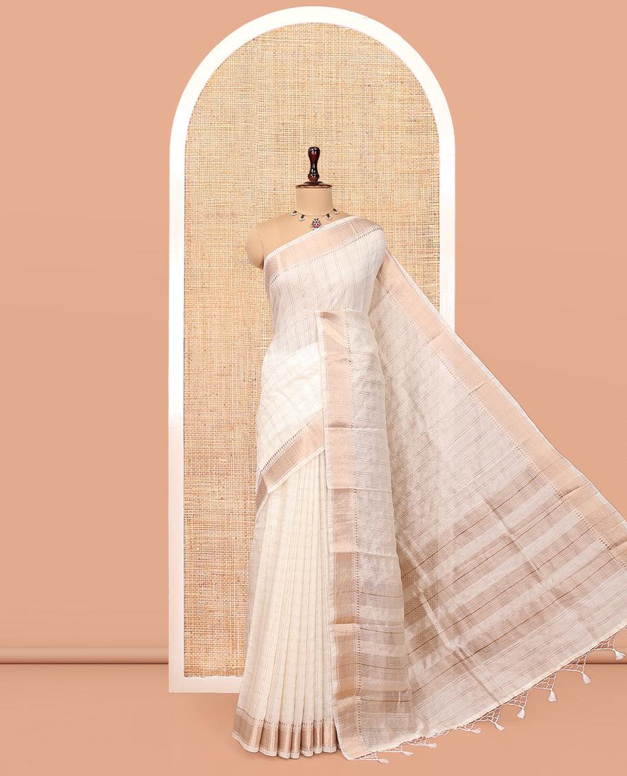 White Assam Silk Saree, Finely Crafted with Zari Checks, Highlighted by a Traditional Zari Border, Zari-Striped Pallu, and a Matching Blouse