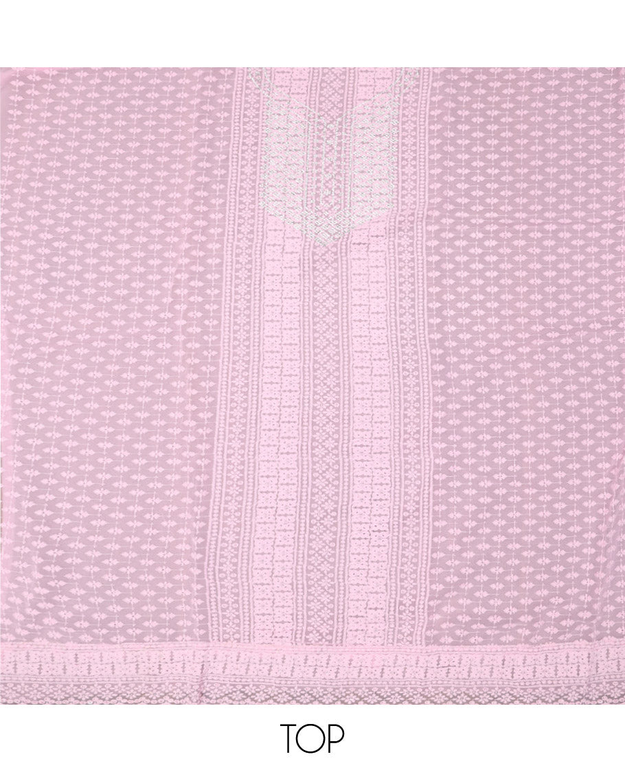 Baby Pink Material Chudidar Set, Crafted with Chikankari-Style Embroidery and Neck Stone Work on Georgette Top, a Plain Santoon Bottom, and Paired with a Floral Vine Embroidery Georgette Dupatta