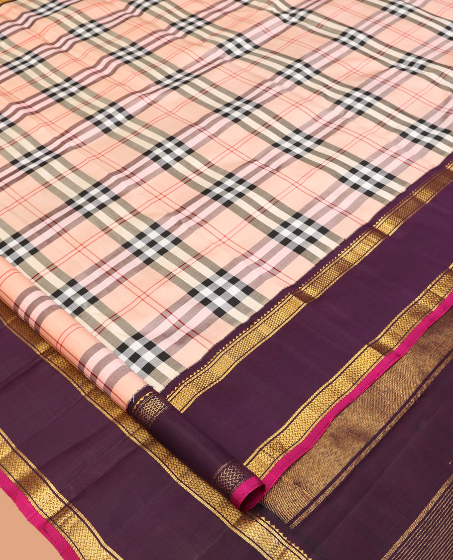 Beige Burberry Checked Kanchipuram Silk Saree, Complemented by a Contrast Rettai Pettu Korvai Border of Rekku, Banaras, Kuyil Kann, and Vanki Designs, Zari Design Pallu, and a Contrast Blouse