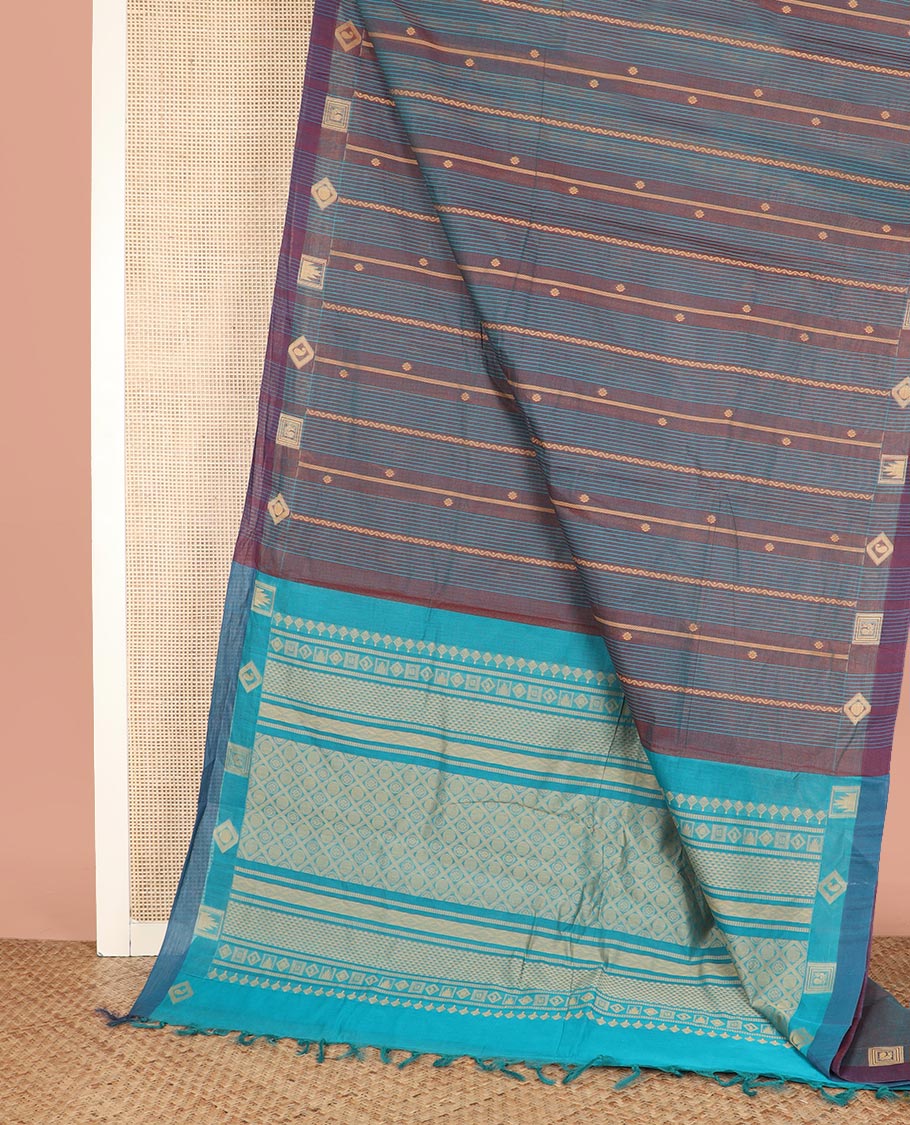 Maroon Coimbatore Cotton Saree, Richly Detailed with Traditional Stripes All Over Its Body, Subtly Bordered with Geometric Patterns, Complemented by Pallu of Jaal Designs, and Paired with a Contrast Blouse